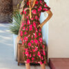 Green Floral Print Striped Trim Split Neck Short Puff Sleeve Ruffle Hem Maxi Dress