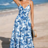 Sky Blue Twisted Bust Spaghetti Straps Backless Floral Maxi Dress