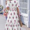 White Floral Print Split Neck Shirred High Waist Ruffle Hem Maxi Dress
