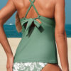 Four Leaf Clover O-ring Knot Back Straps Ricrac Trim V Neck Tankini Contrast Printed Swim Short 2pcs Set