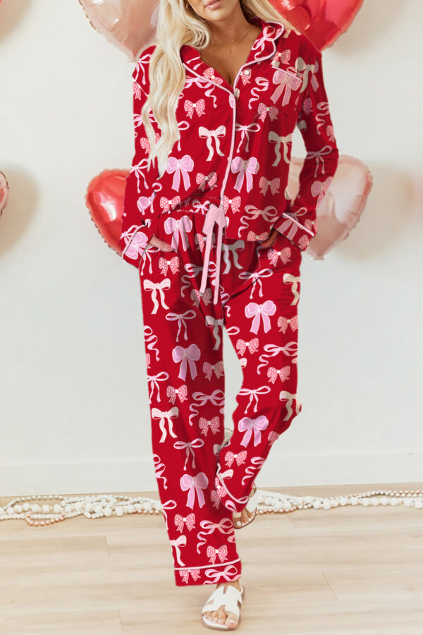 101729806-af9340e2ec62397f.jpg Red Sweet Bow Print Shirt Style Top Long 2pcs Pajama Set