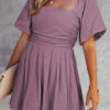 Sky Blue Brown Square Neck Ruched Puff Sleeve Romper