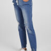 Dark Blue Elastic Waist Straight Leg Destroyed Raw Hem Jeans