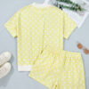 Pink Polka Dot Print Color Block Trim Mock Neck Short Set