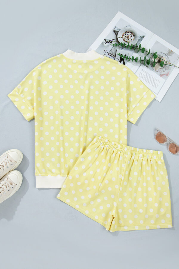 Pink Polka Dot Print Color Block Trim Mock Neck Short Set