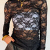 Black Sheer Floral Lace Lettuce Trim Mock Neck Long Sleeve Top