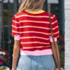 Sky Blue Stripe Colorblock Trim Half Sleeve Sweater Top