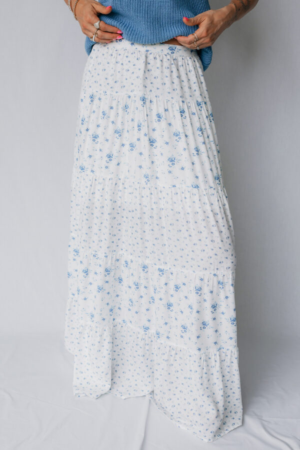 Sky Blue High Waist Tiny Floral Print Boho Maxi Skirt