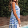 Sky Blue Stripe U Neck Sleeveless Loose Fit Mini Dress
