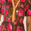 Green Floral Print Striped Trim Split Neck Short Puff Sleeve Ruffle Hem Maxi Dress