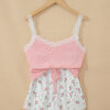 Pink Ribbed Knit Lace Straps Patchwork Lettuce Hem Cropped Top Floral Short Lounge Set