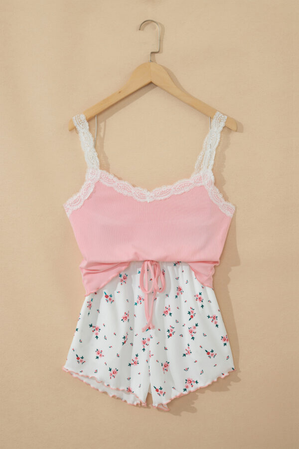 Pink Ribbed Knit Lace Straps Patchwork Lettuce Hem Cropped Top Floral Short Lounge Set