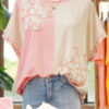 Apricot Color Block Flower Patched Loose T Shirt