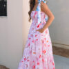 Pink Floral Print Knotted Shoulder Smocked Maxi Dress