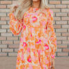 Orange Abstract Print Smocked Lantern Sleeve Ruffle Mini Dress