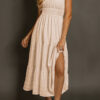 Rose Shirred Pleated Square Neck Sleeveless Midi Dress