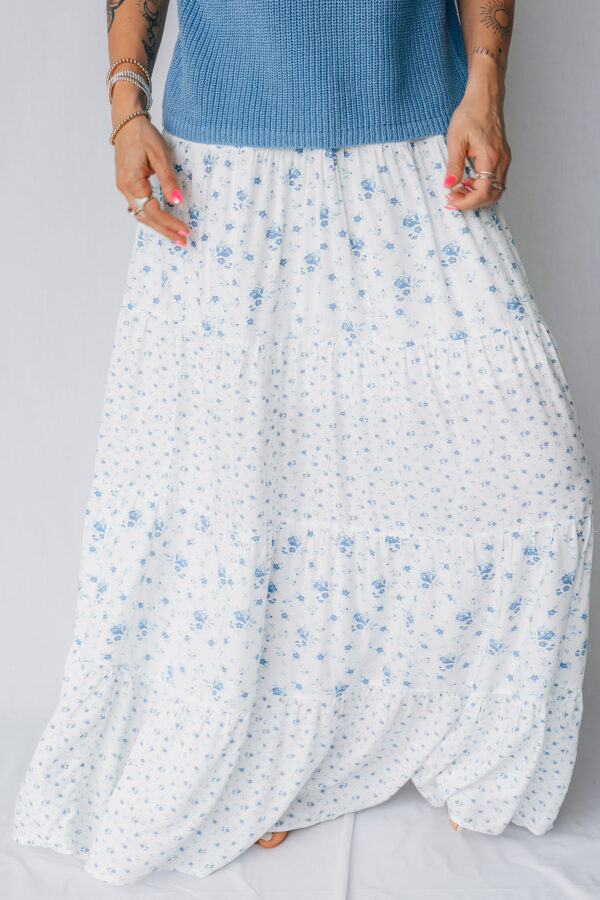 Sky Blue High Waist Tiny Floral Print Boho Maxi Skirt