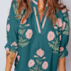 Green Casual Wild Flower Print V Neck 3/4 Sleeve Blouse