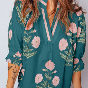 Green Casual Wild Flower Print V Neck 3/4 Sleeve Blouse