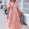 Pink Polka Dot Printed Ruffle Short Sleeve Zip Up Long Dress