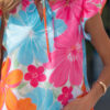 Multicolour Vibrant Flower Printed Tie V Neck Ruffle Trim Sleeveless Blouse