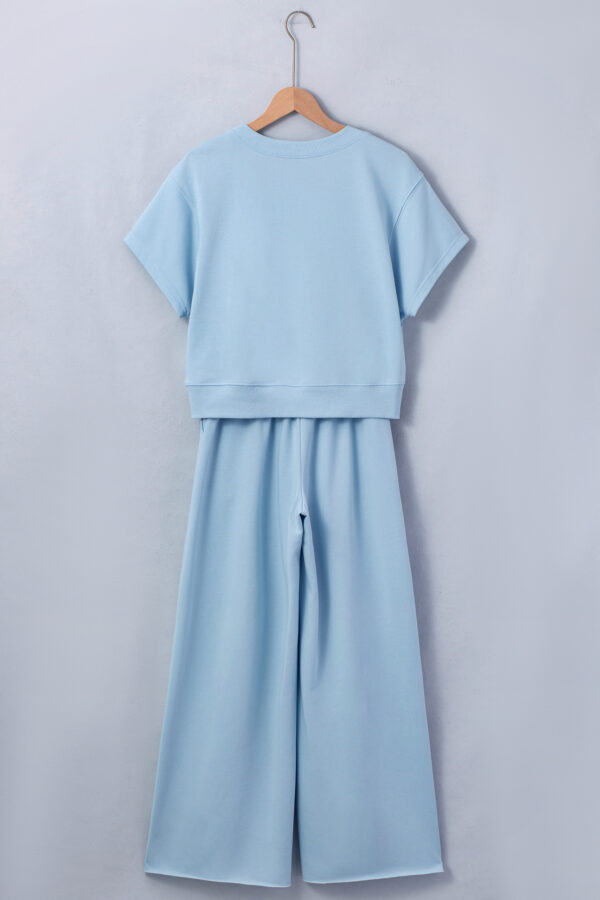 Clearly Aqua Solid Color Loose Tee Drawstring Wide Leg Pants 2pcs Outfit