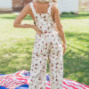 Beige Western Printed Button Adjustable Straps Loose Jumpsuit Dungarees