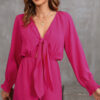 Rose Tie Knot V Neck Puff Long Sleeve Romper