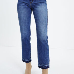 Dark Blue Whiskered Wash Raw Hem Cropped Jeans