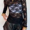 Black Sheer Floral Lace Lettuce Trim Mock Neck Long Sleeve Top