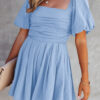 Sky Blue Brown Square Neck Ruched Puff Sleeve Romper