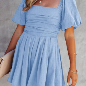 Sky Blue Brown Square Neck Ruched Puff Sleeve Romper