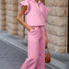 Apricot Textured Ruffled Sleeve Zipped Top and Wide Leg Pants Set