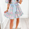 White Floral Print Striped Contrast Trim Belted Short Dress