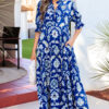 Blue Wild Floral Print Frilled Collar Half Sleeve Long Dress