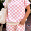 Pink Checkered Print Color Block Trim Mock Neck Short Set
