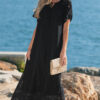 Black Floral Lace Overlay Tassel Tie Short Sleeve Beach Vacation Loose Maxi Dress