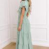 Clearly Aqua Solid Color V Neck Short Puff Sleeve High Waist Tiered Maxi Dress