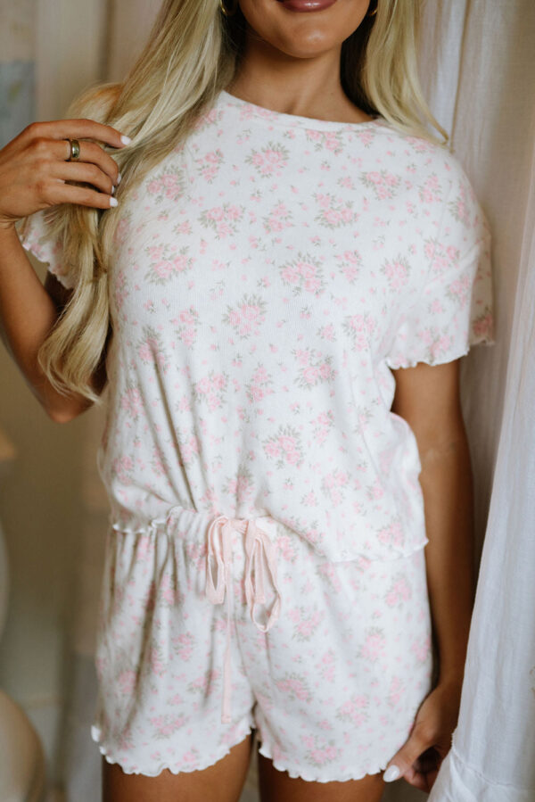 101730189-c17d5b7fdeefa027.jpg Pink Floral Lettuce Trim Tee and Shorts Ribbed Lounge Set