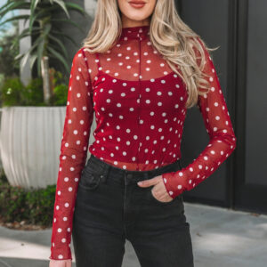 Red Polka Dot Patterned Bodycon Mock Neck Mesh Long Sleeve Top
