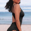 Green Adjustable Straps Ribbed Knit One Piece Swimsuit