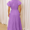 Clearly Aqua Solid Color V Neck Short Puff Sleeve High Waist Tiered Maxi Dress