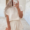 Beige 2pcs Cropped Tee and Ruffle High Waist Skort Set