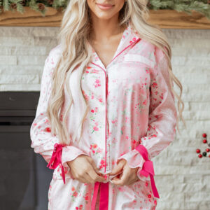 Pink Mixed Floral Print Contrast Piping Trim Satin Tie 2pcs Pajama Set