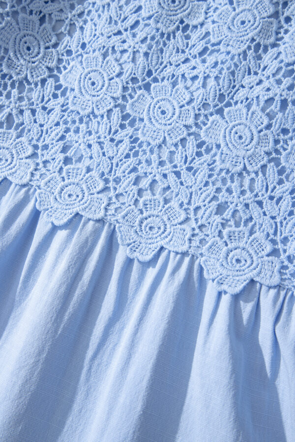 Beau Blue Flowy Short Sleeve Lace Detail Square Neck Tiered Midi Dress