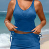 Sky Blue Ribbed Knit Crossed Detail Tank Skort 2pcs Swimsuit