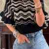 101804523-c52a6329e222e02c.jpg Black Stripe Wavy Crochet Eyelet Detail Ruffle Half Sleeve Sweater