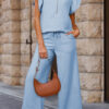 Apricot Textured Ruffled Sleeve Zipped Top and Wide Leg Pants Set