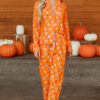 Orange Halloween Print Lapel Shirt Long 2pcs Pajama Set