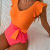 Vitality Orange Color Block Ruffled Knotted Backless One Piece Swimsuit